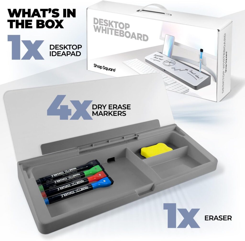 Desktop Whiteboard - Glass Dry Erase White Board- Desk Computer Buddy – Home Office  Studying Essentials - Desktop Pad with Phone  Tablet Slot, Storage Compartment - Includes 4 Markers, 1 Eraser