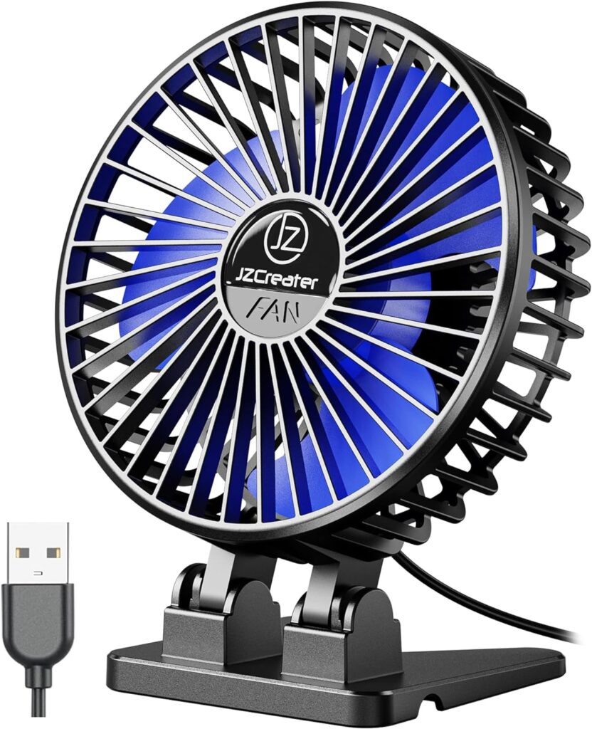 JZCreater USB Desk Fan, Mini Fan Portable, 3 Speeds Desktop Table Cooling Fan, Plug in Power Fan, Rotation Strong Wind, Quiet Personal Small Fan for Home Desktop Office Travel Bedroom,Black Blue