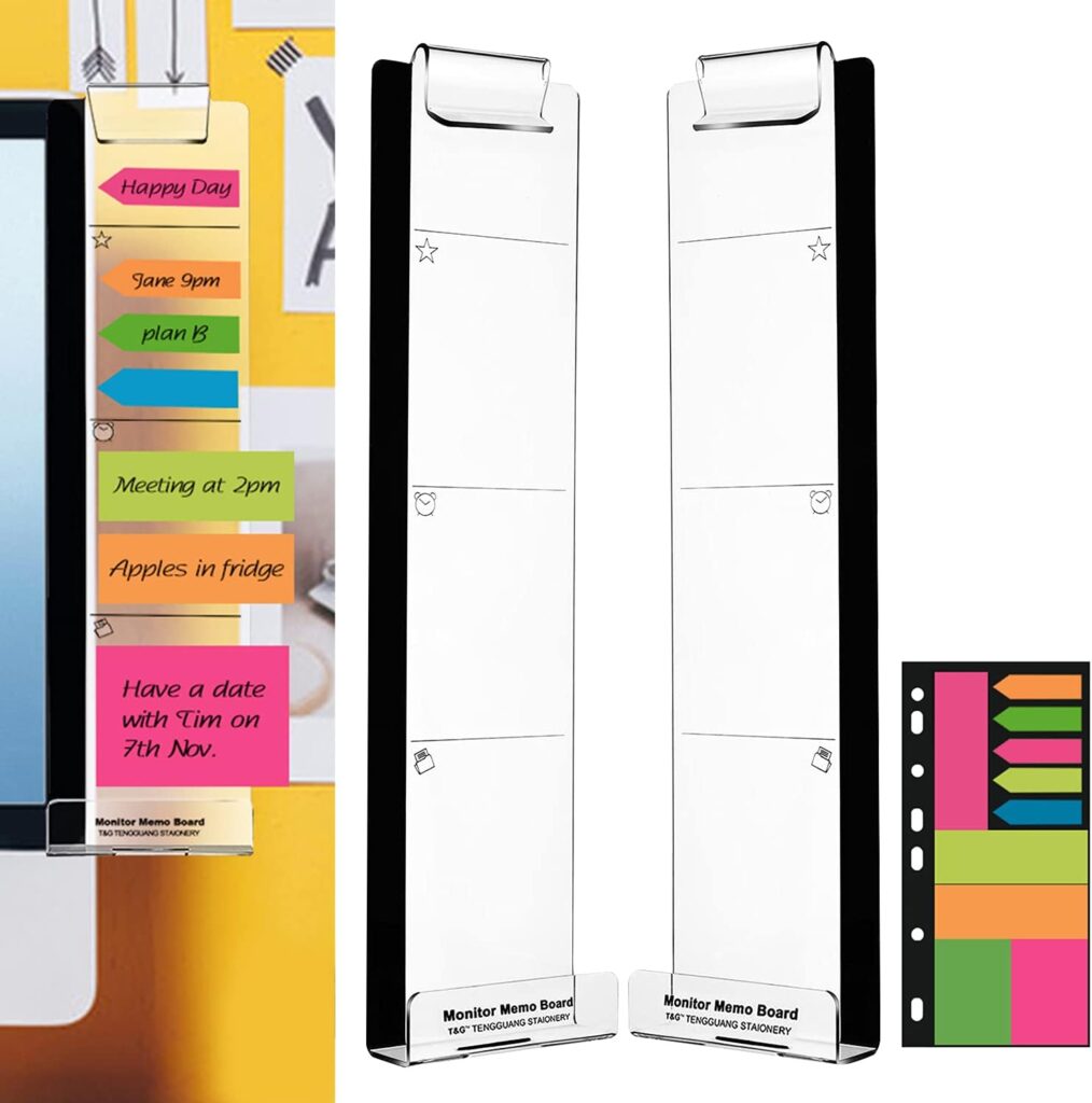 Monitor Memo Boards for Computer, Set of 2 (Left  Right) Multifunction Acrylic Screen Message Reminder Pad Side Panels Phone Holder - Utility Organizer for Office Desktop, Gift of 1 Pack Sticky Notes