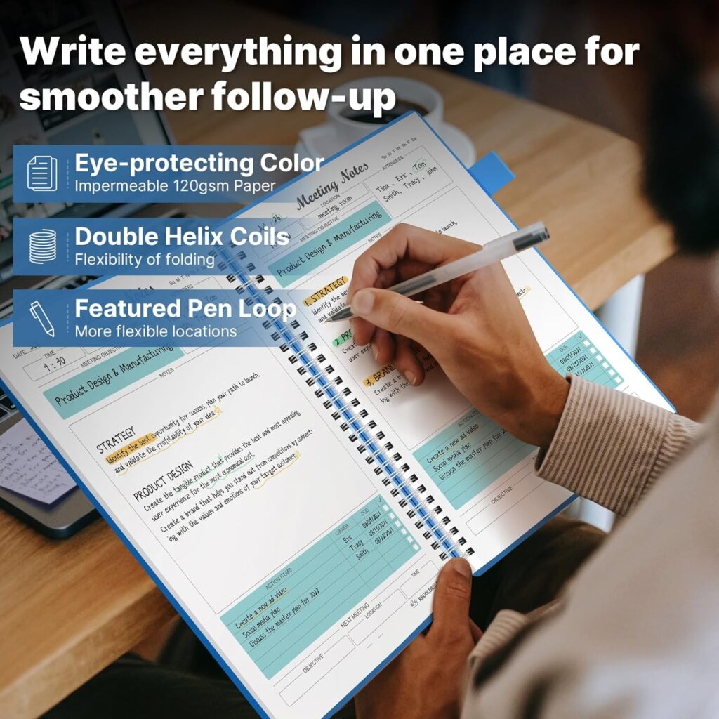 Regolden-Book Meeting Notebook for Work with Action Items, Meeting Planner Agenda Organizer for Men  Women Office/Business Note Taking, 160 Pages, Medium Size (7”x10”), Teal