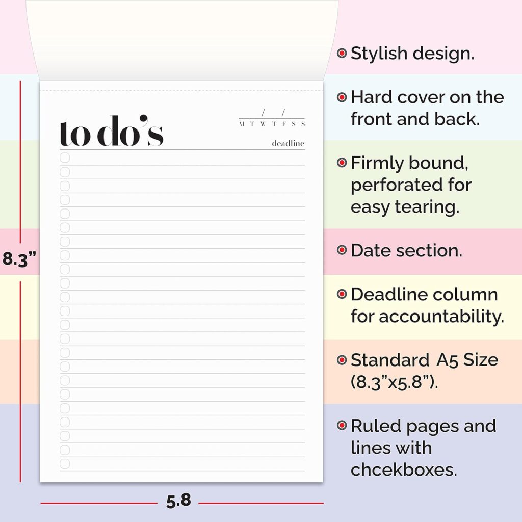 To Do List Notepad A5 Size (8.3X5.8) Daily To Do List Planner, Productivity Planner, Stylish Design, Quality Thick Paper, Hardcover, Undated, Ruled Pages, Checkboxes, Deadline Column, Date Section.
